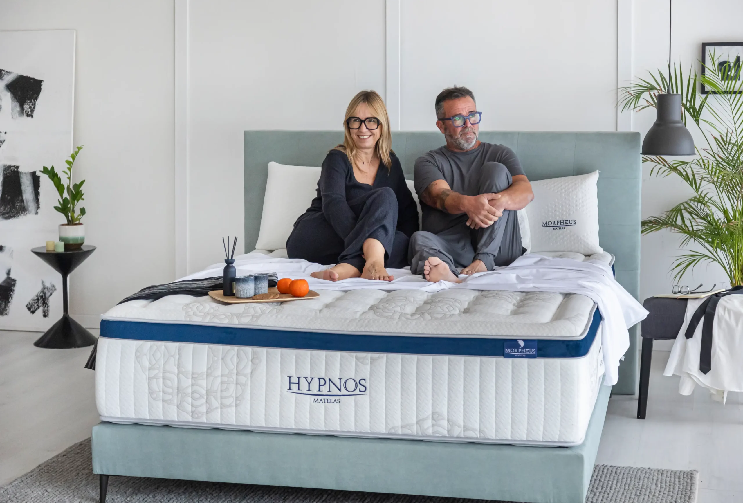 Pack hypnos haut de gamme comprenant matelas, sommier et tête de lit en tissu