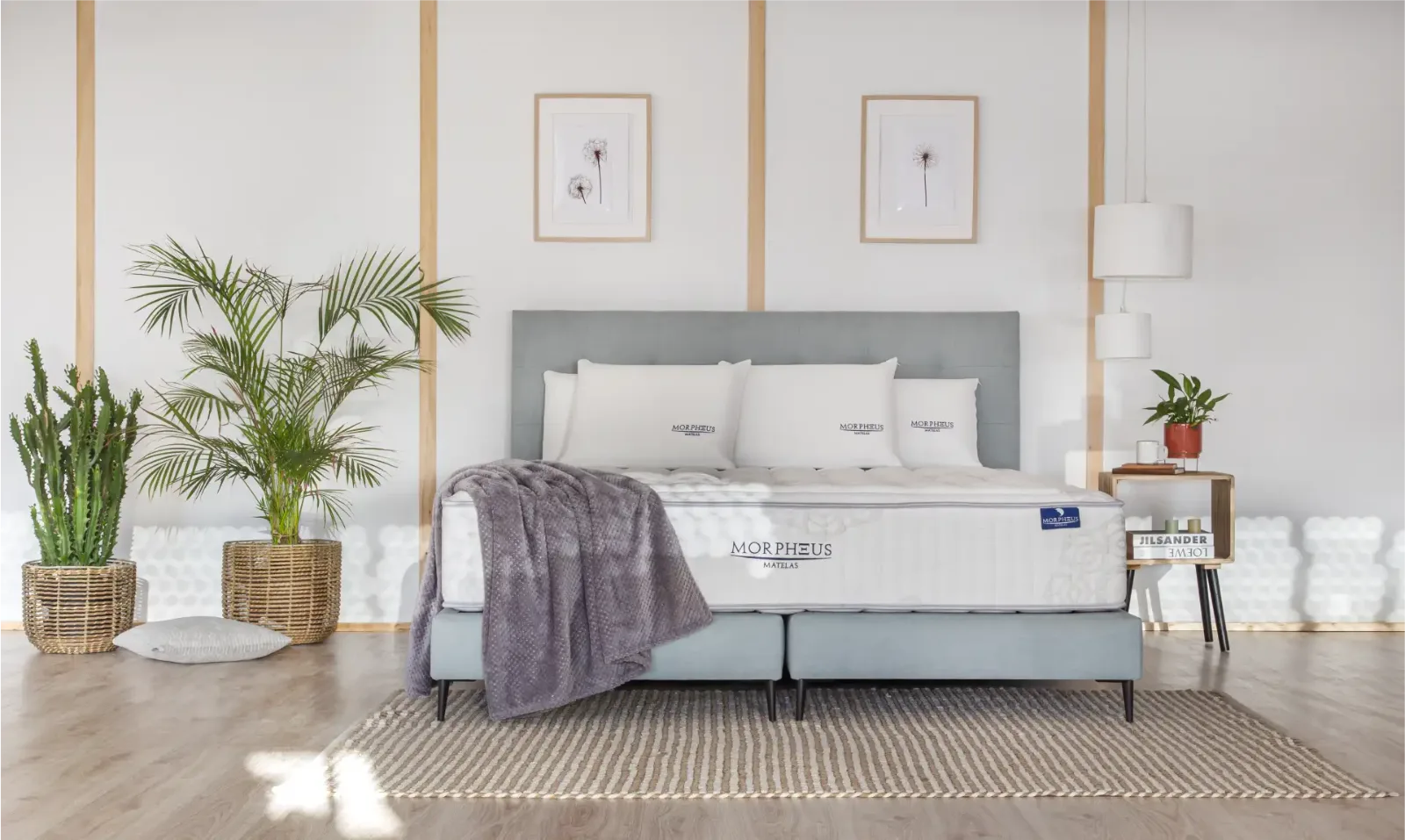 Matelas Morpheus vu de face, coussins et plaid