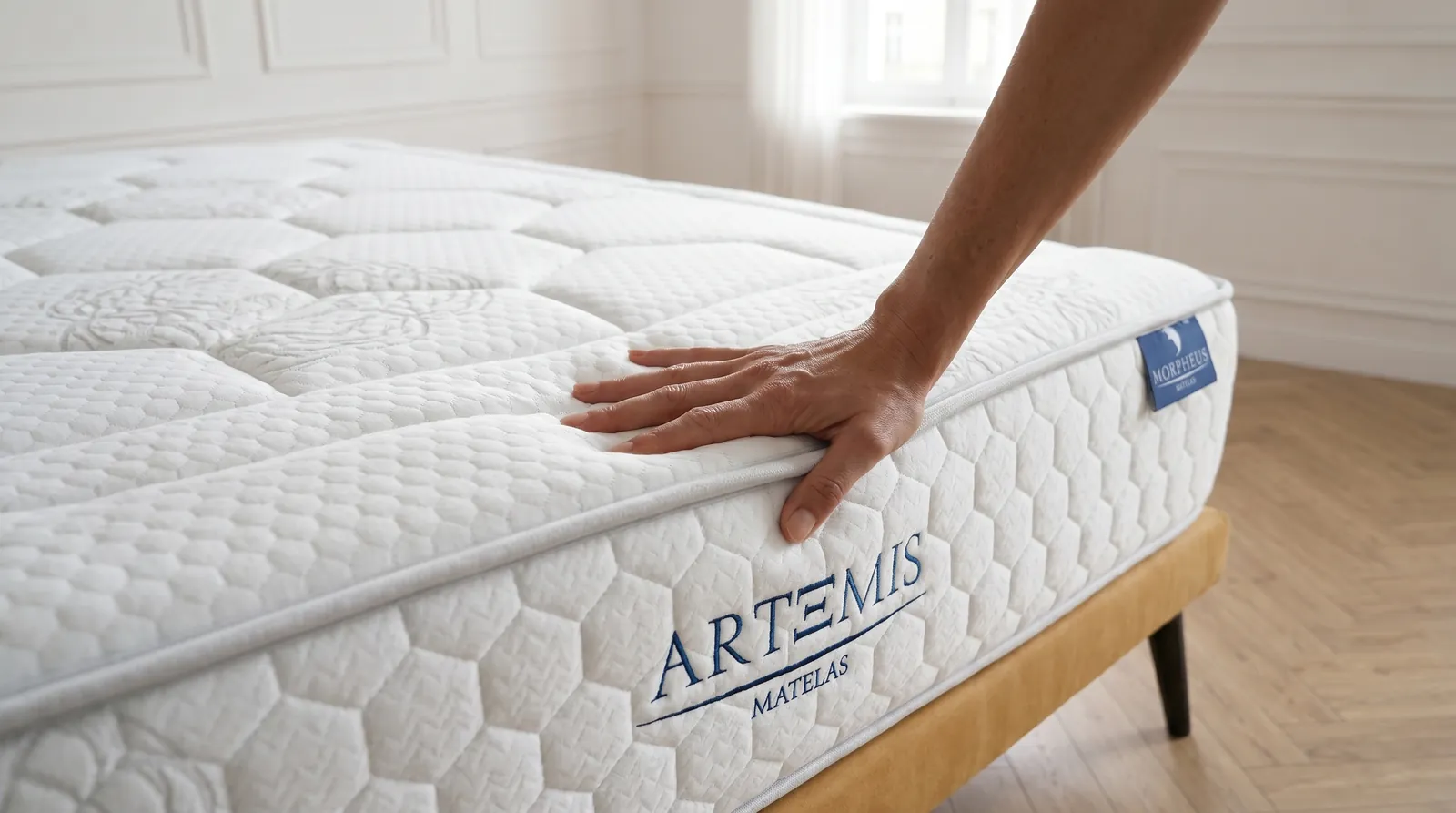 Main qui appuie sur le matelas Artemis