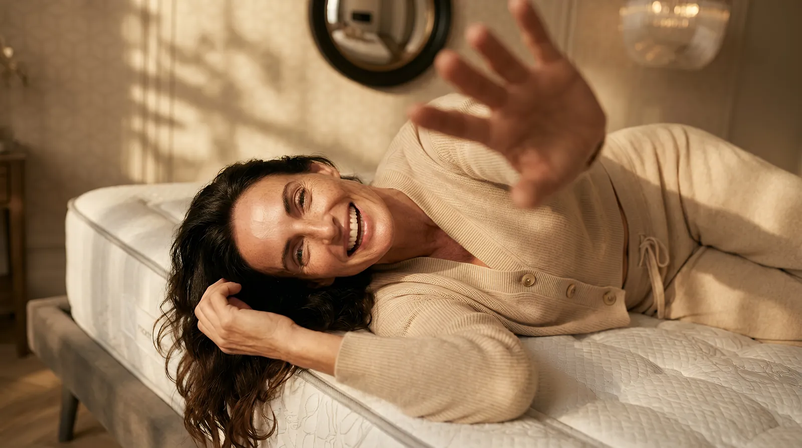 Femme souriante allongée sur le matelas Athena
