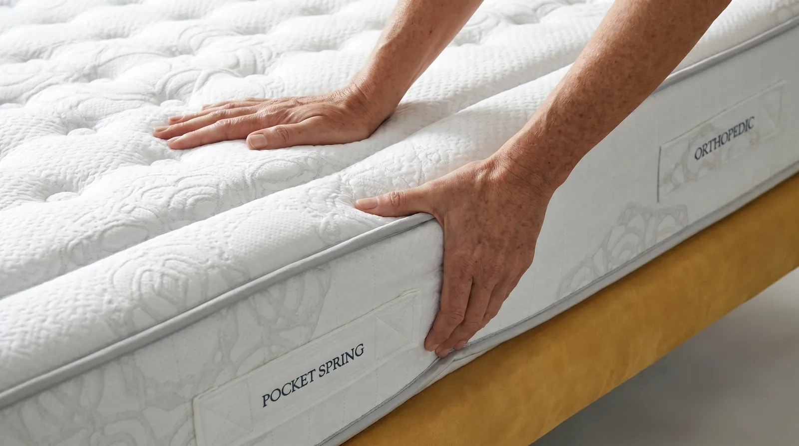 Main posée sur l’étiquette Pocket Spring du matelas Athena