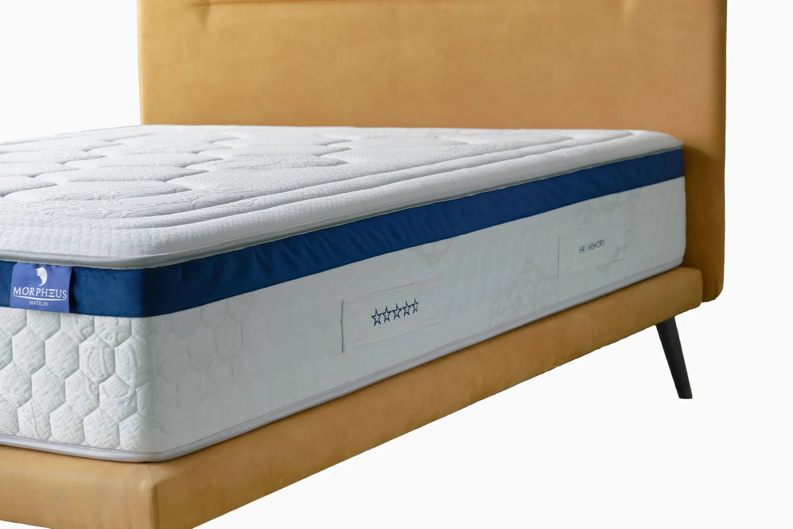 Bande bleu nuit et étiquettes du matelas Cronos