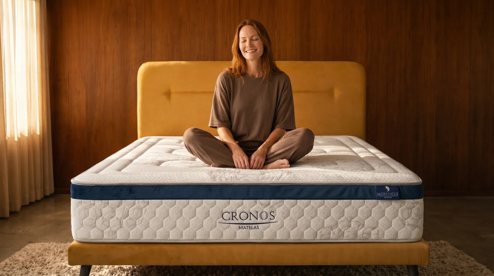 Femme assise en tailleur sur le matelas Cronos