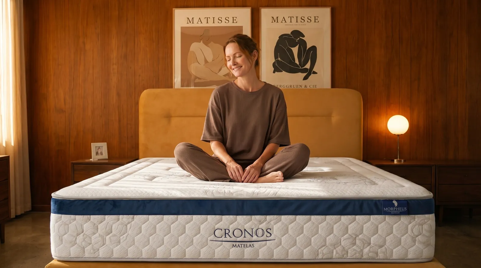 Femme assise en tailleur sur un matelas Cronos