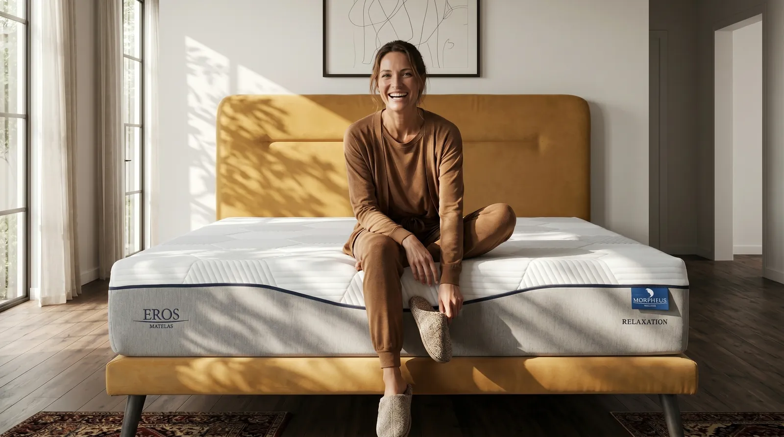 Femme souriante assise sur le matelas Eros