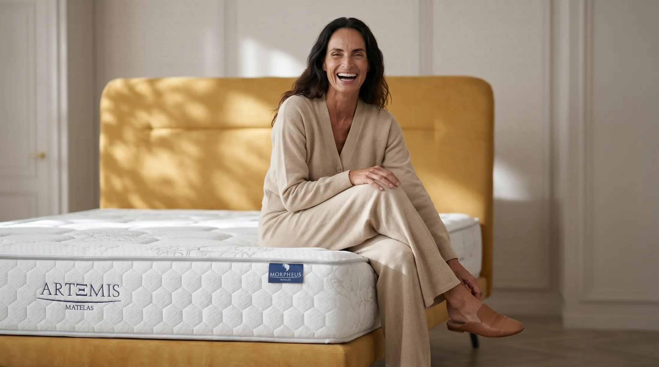 Femme souriante assise sur un matelas Artemis