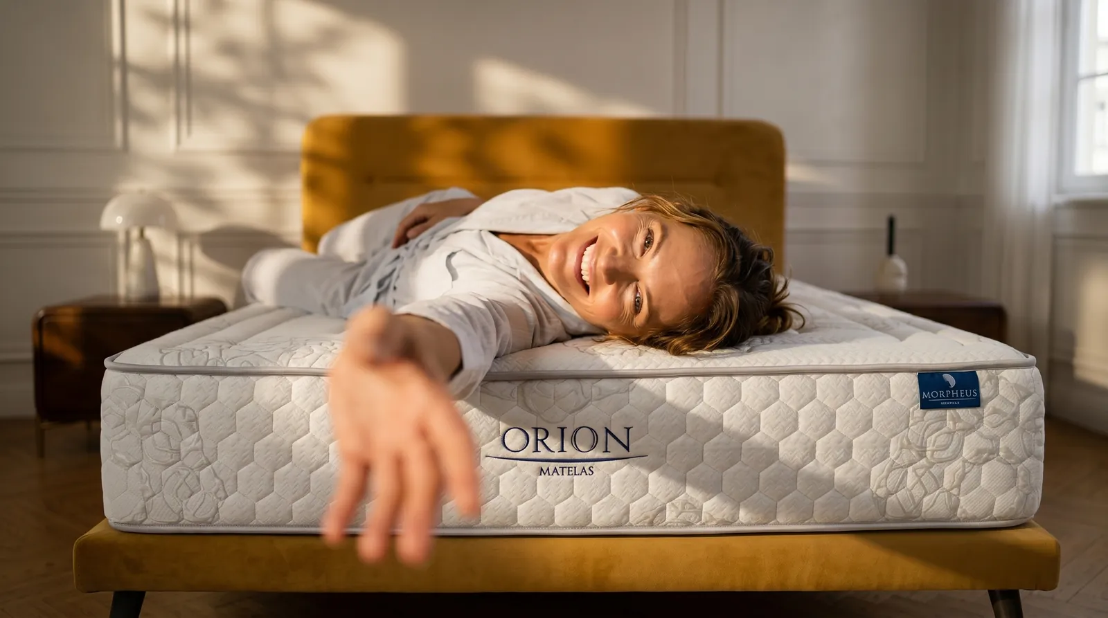 Femme souriante allongée sur le matelas Orion